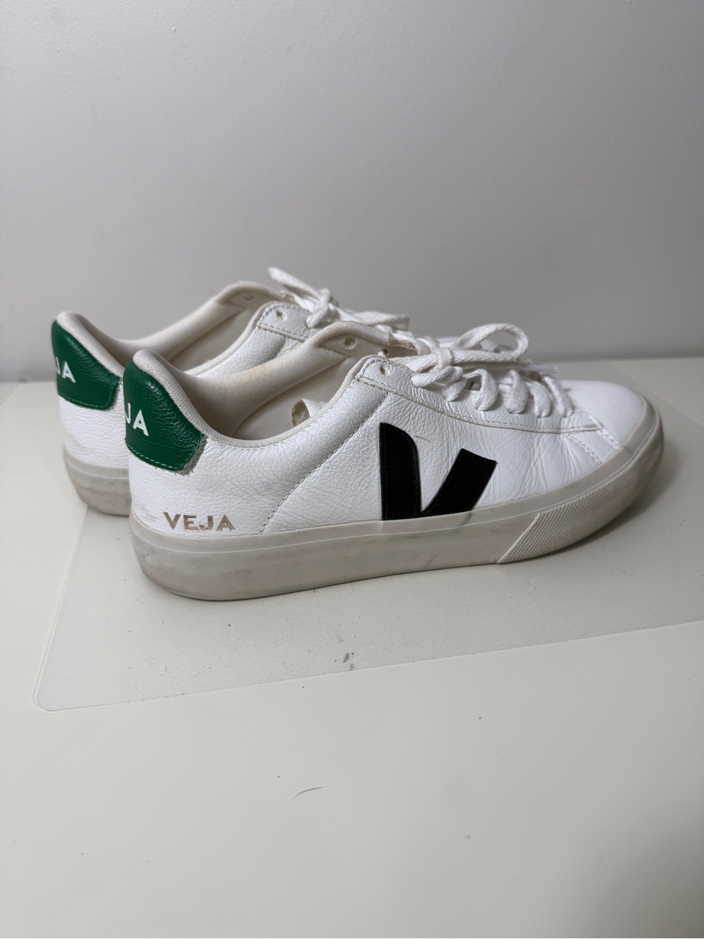 Veja White Leather Sneakers with Black V and Green Heel Tab